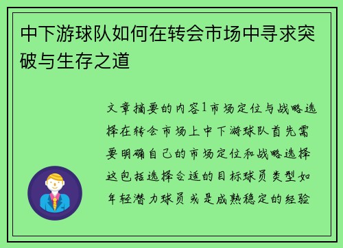 中下游球队如何在转会市场中寻求突破与生存之道